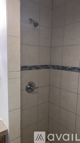 A shower stall with a silver handle and a black and white tile border.