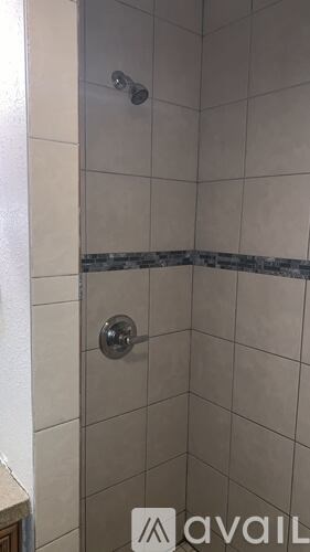 A shower stall with a silver handle and a black and white tile border.