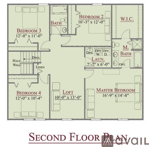 A second floor plan of a house with four bedrooms and a master bedroom.