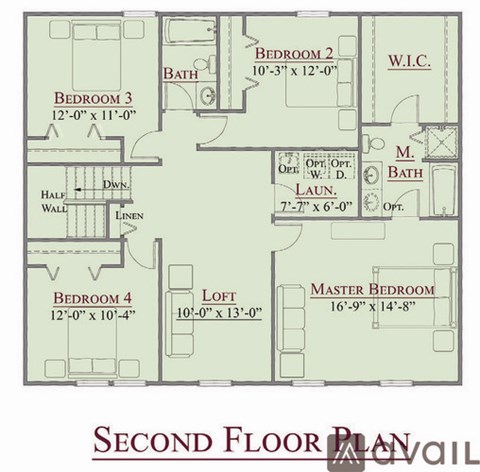 A second floor plan of a house with four bedrooms and a master bedroom.