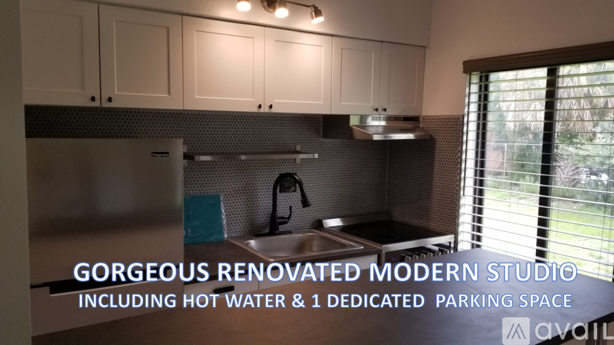 A renovated modern studio with a hot water sink and parking space.