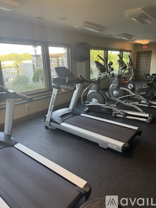 A gym with treadmills and elliptical machines.