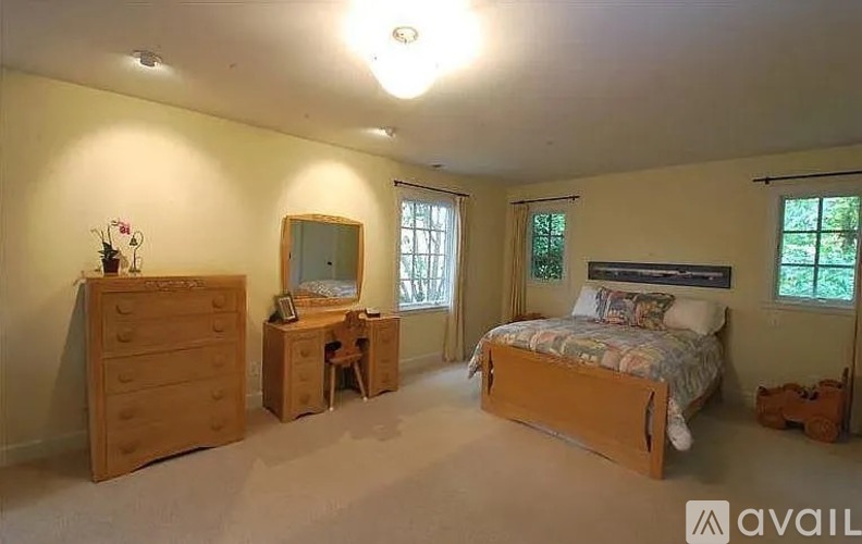 A bedroom with a bed, desk, and dresser.