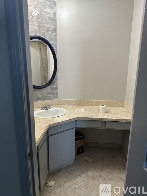 A bathroom with a sink and a mirror.