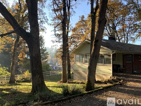 A house is surrounded by trees with yellow leaves.