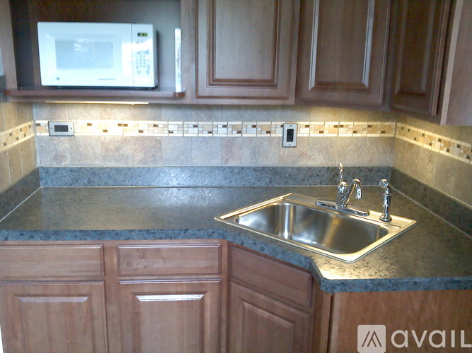 A kitchen with a sink and a microwave.