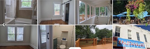 A collage of images showing various rooms and outdoor spaces.
