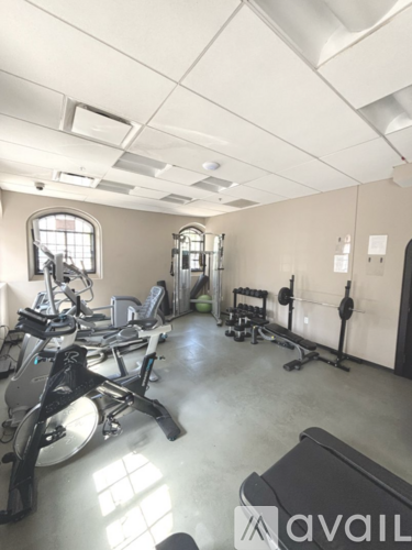 A gym with a row of treadmills and exercise equipment.