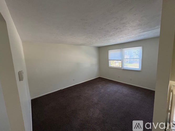 A room with a carpeted floor and two windows.