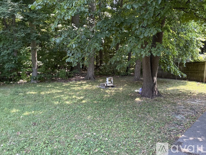 A backyard with a lawn and trees.