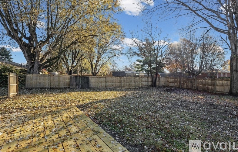 A backyard with a wooden fence and trees.