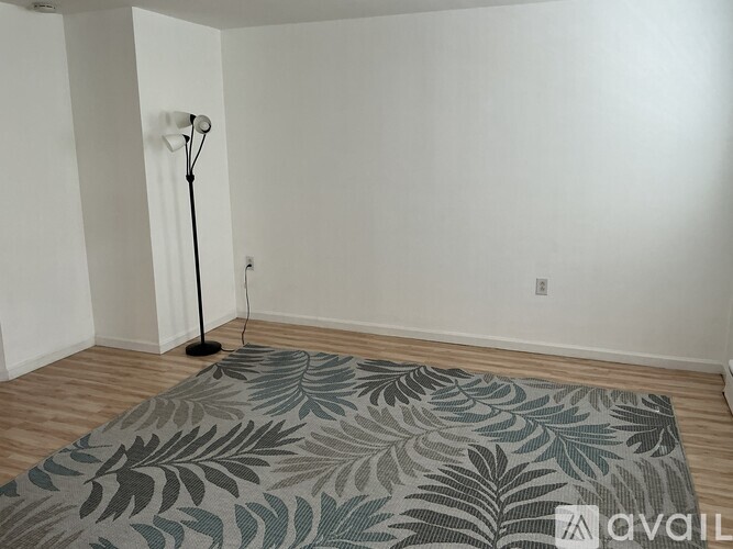 A room with a grey rug and a floor lamp.