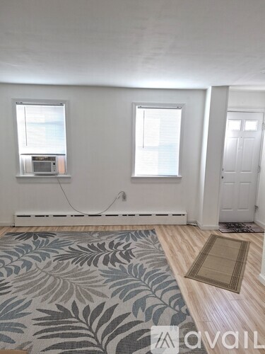 A room with a patterned rug and a door.