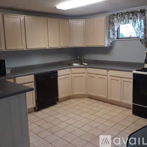 A kitchen with white cabinets and black appliances.