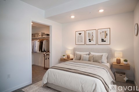 A bedroom with a large bed and a walk-in closet.