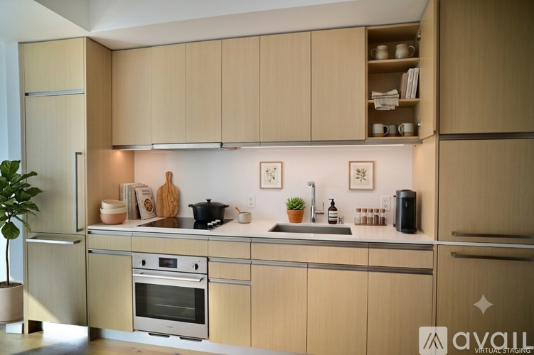 A kitchen with wooden cabinets and stainless steel appliances.