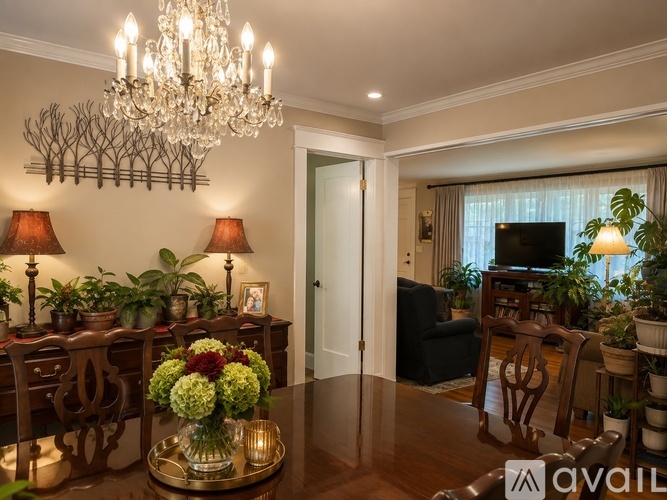 A living room with a chandelier, a couch, a coffee table, and a TV.