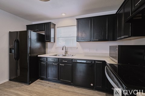A kitchen with black cabinets and appliances.
