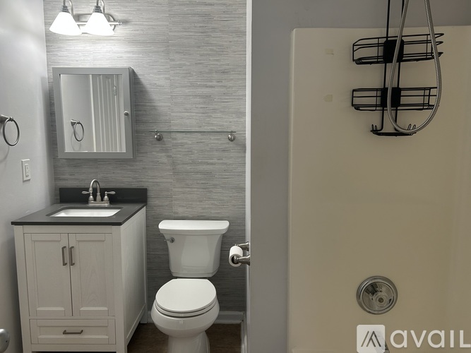 A bathroom with a toilet, sink, and shower.