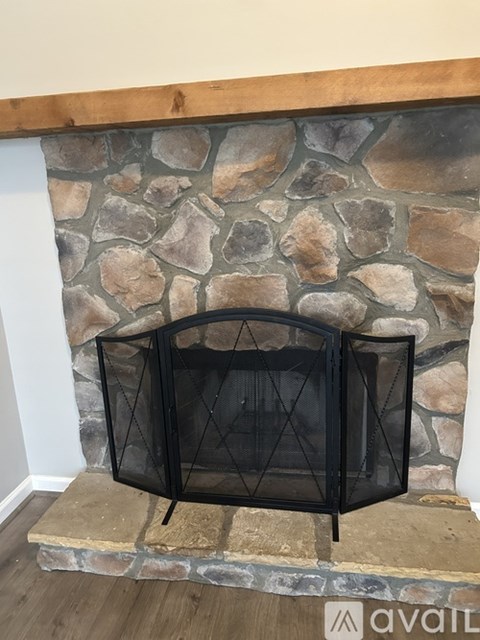 A black fireplace screen is mounted on a stone fireplace.