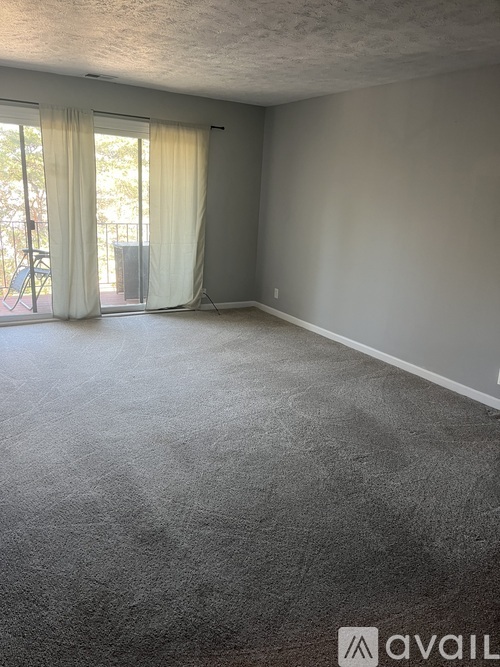 A room with a carpeted floor and a sliding glass door.