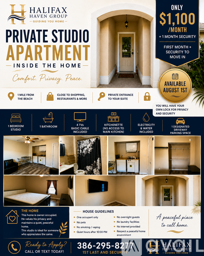 A flyer for a private studio apartment for rent.