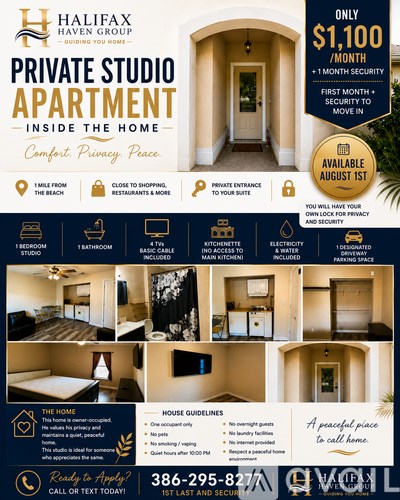 A flyer for a private studio apartment for rent.