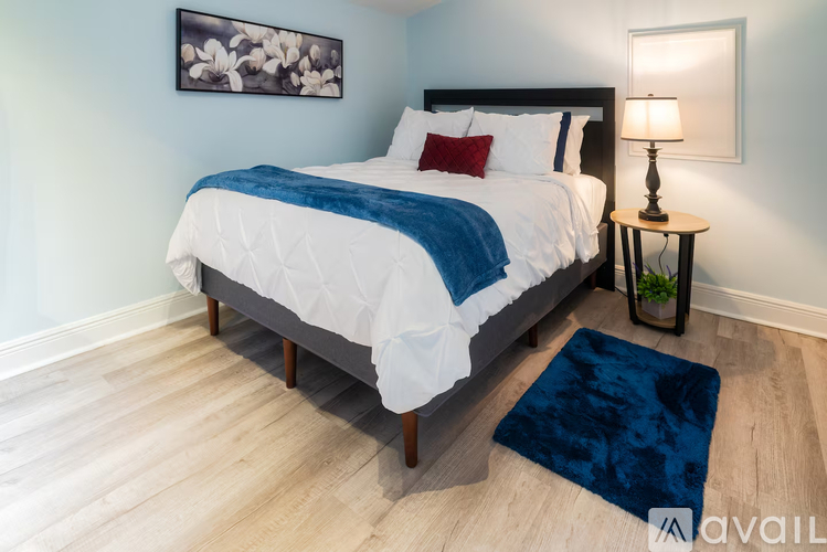 A bedroom with a large bed and a blue rug.