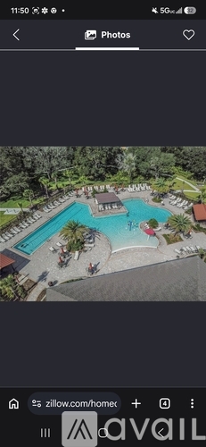 A pool surrounded by palm trees and lounge chairs.