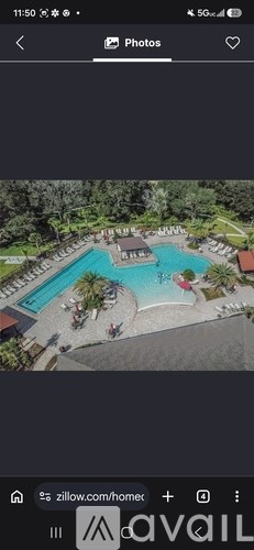 A pool surrounded by palm trees and lounge chairs.