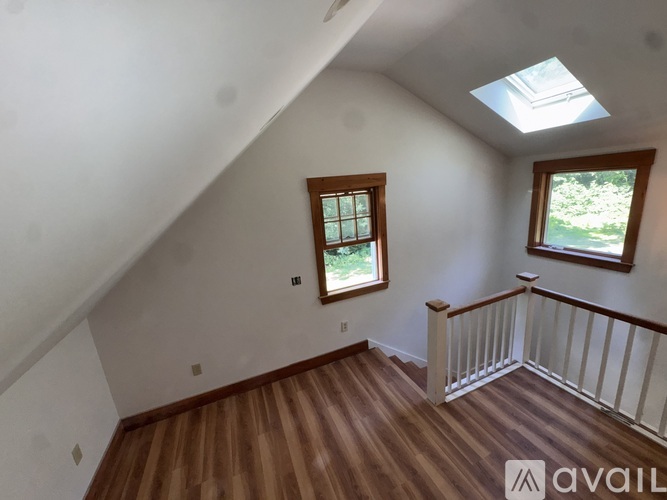 A room with a skylight and a window with a view of greenery outside.