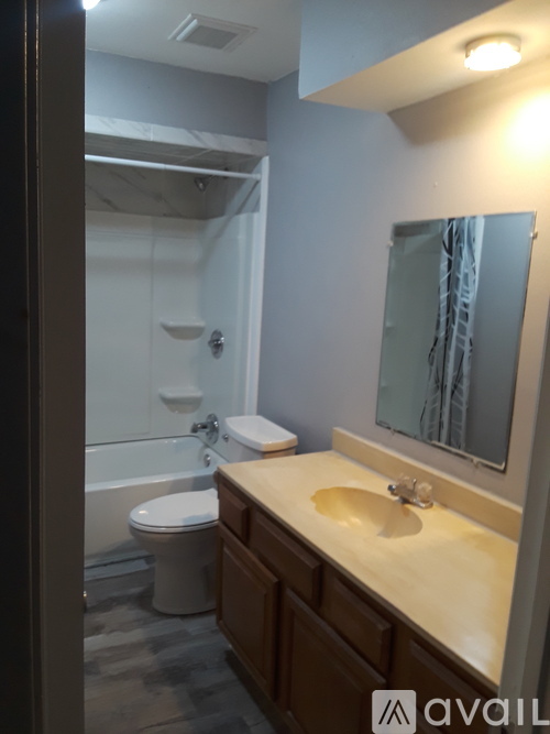 A bathroom with a sink, mirror, and bathtub.