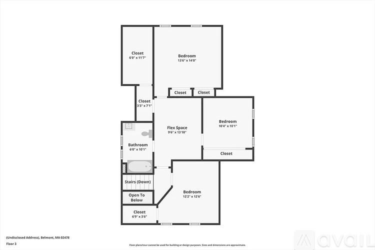 A floor plan of a house with three bedrooms, two bathrooms, a closet, and stairs leading to a gain.