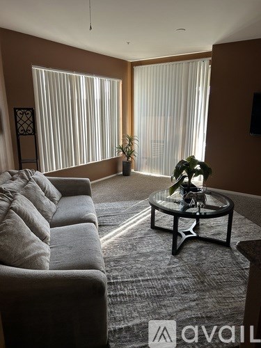 A living room with a grey sofa and a glass coffee table.