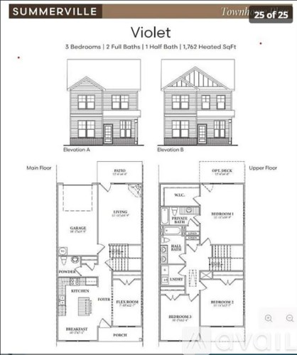 A floor plan for a townhouse with 3 bedrooms and 2 full baths.