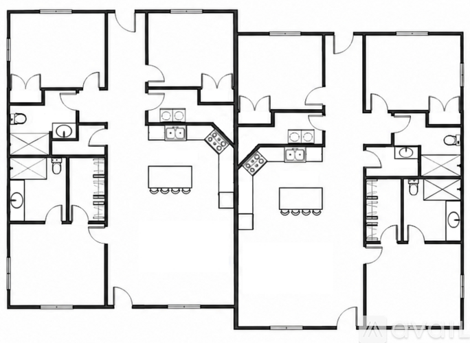 A floor plan of a building with multiple rooms and corridors.