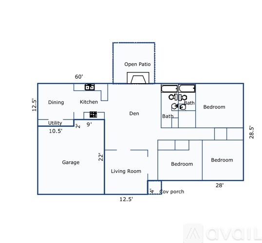 A floor plan of a house with a living room, two bedrooms, a kitchen, a dining room, a garage, and a utility area.