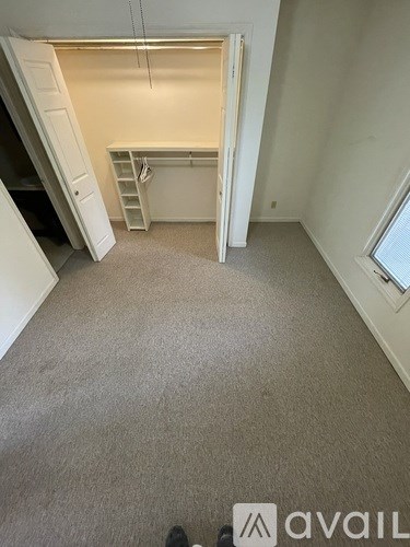 A carpeted room with a ladder and a window.