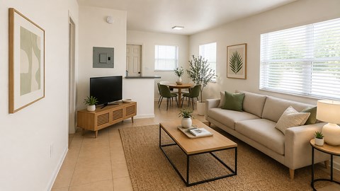 A living room with a couch, coffee table, and a television.