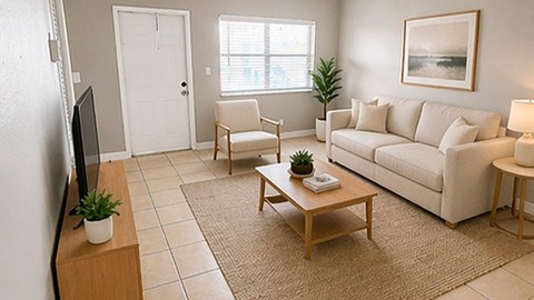 A living room with a white couch, a wooden coffee table, a television, and a plant.