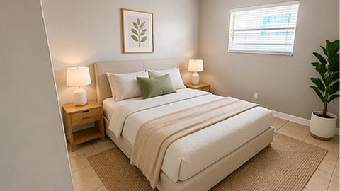 A bedroom with a large bed, two lamps, and a potted plant.