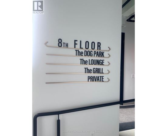 A sign for the 8th floor of a building that includes a dog park, lounge, grill, and private area.