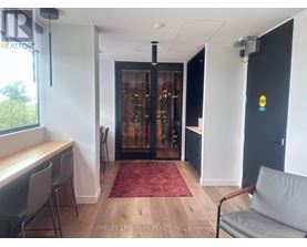 A room with a red carpet and a glass door.