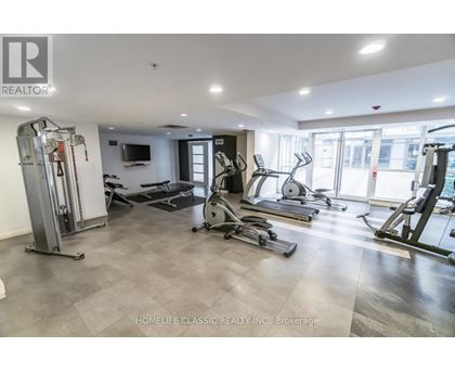 A gym with a variety of equipment including treadmills, weights, and a television.
