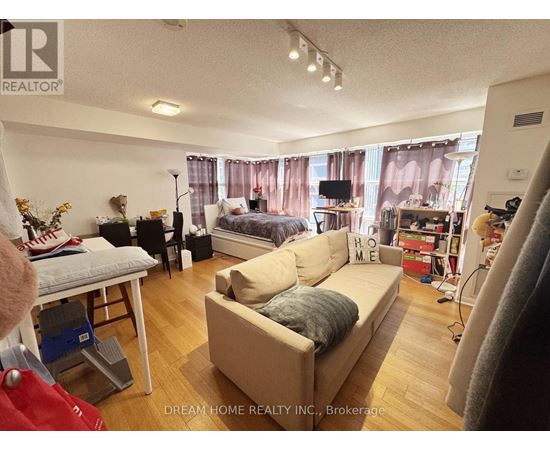 A living room with a couch, a bed, and a television.