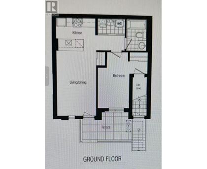 A floor plan of a house with a kitchen, living/dining area, bedroom, and bathroom.