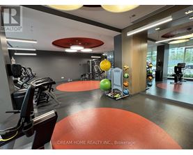 A gym with a variety of equipment including treadmills, weights, and exercise balls.
