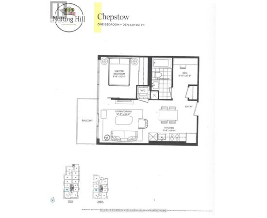 A floor plan for a property at Notting Hill shows a one bedroom apartment with a living room, kitchen, and bathroom.
