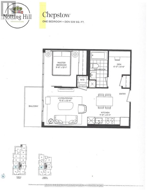 A floor plan for a property at Notting Hill shows a one bedroom apartment with a living room, kitchen, and bathroom.