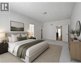 A bedroom with a large bed, a nightstand with a lamp, a dresser, and a mirror.